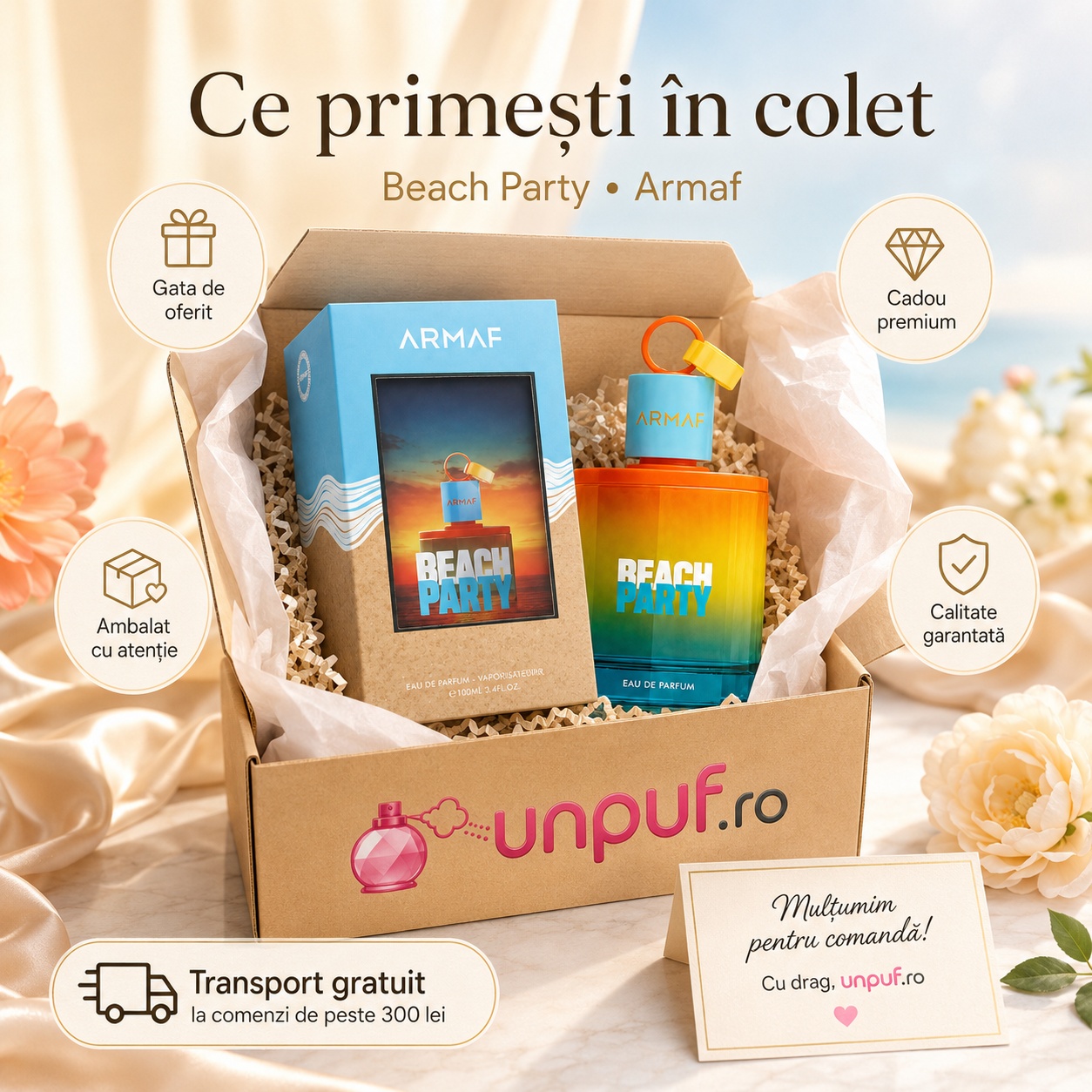 Ce primești &icirc;n colet Armaf Beach Party 100 ml parfum original cutie premium și ambalare atentă