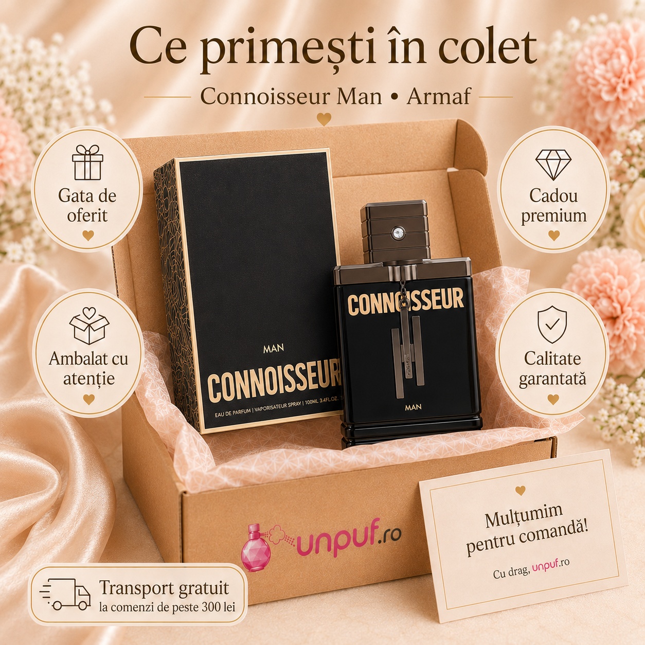 Ce primești în colet Armaf Connoisseur For Him 100 ml, parfum original, ambalat cu atenție și cadou premium