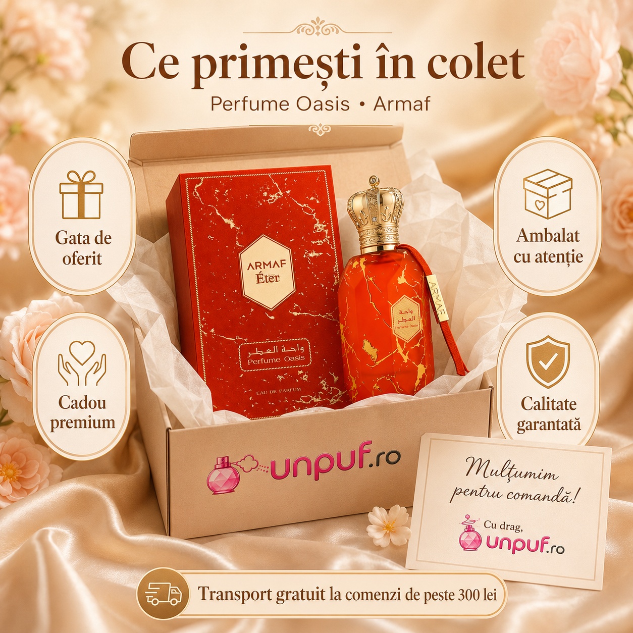 Ce primești &icirc;n colet Armaf Eter Parfum Oasis 100 ml parfum original, cutie premium și ambalare atentă