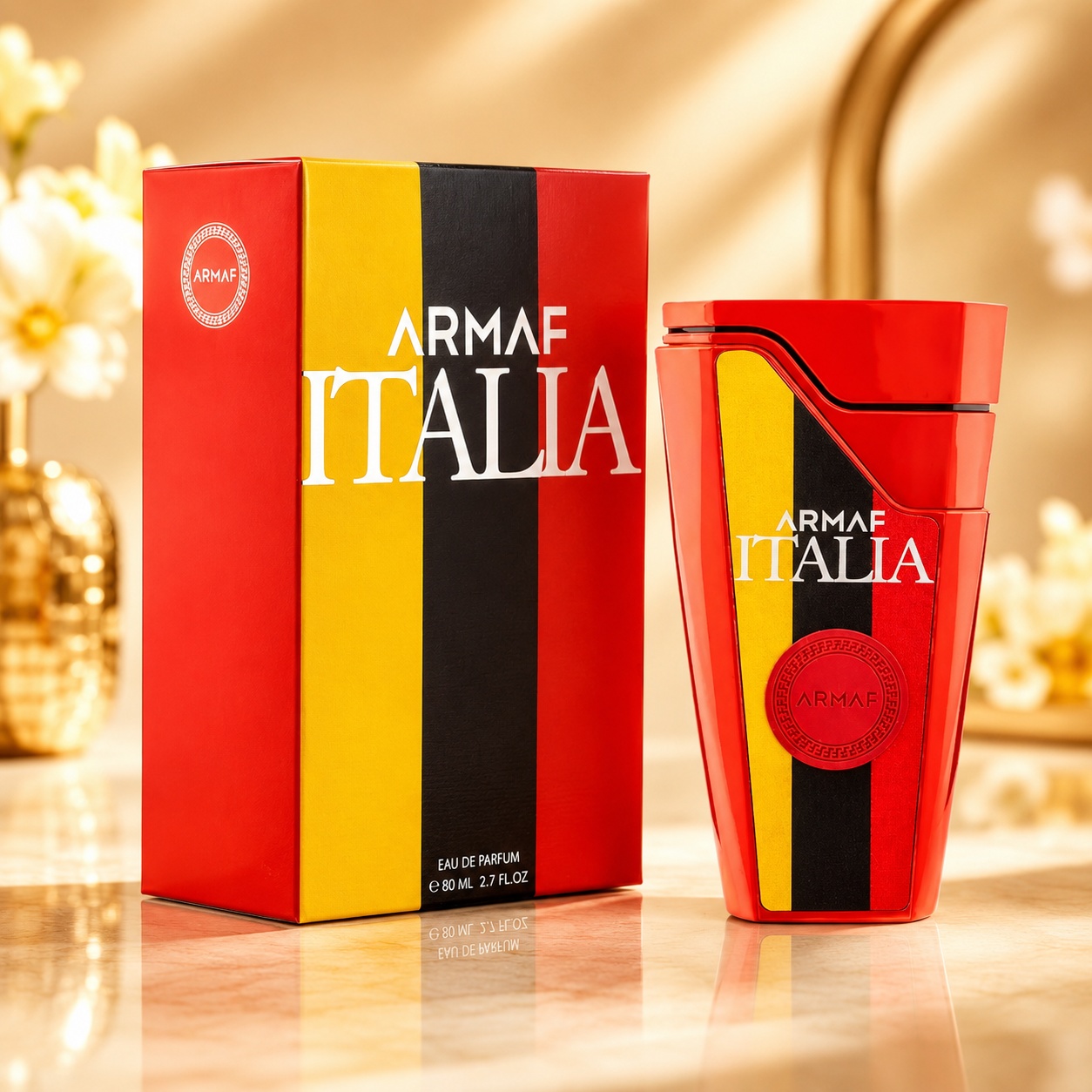 Parfum Arăbesc Armaf Italia 80 ml cu flacon roșu, galben și negru și cutie premium