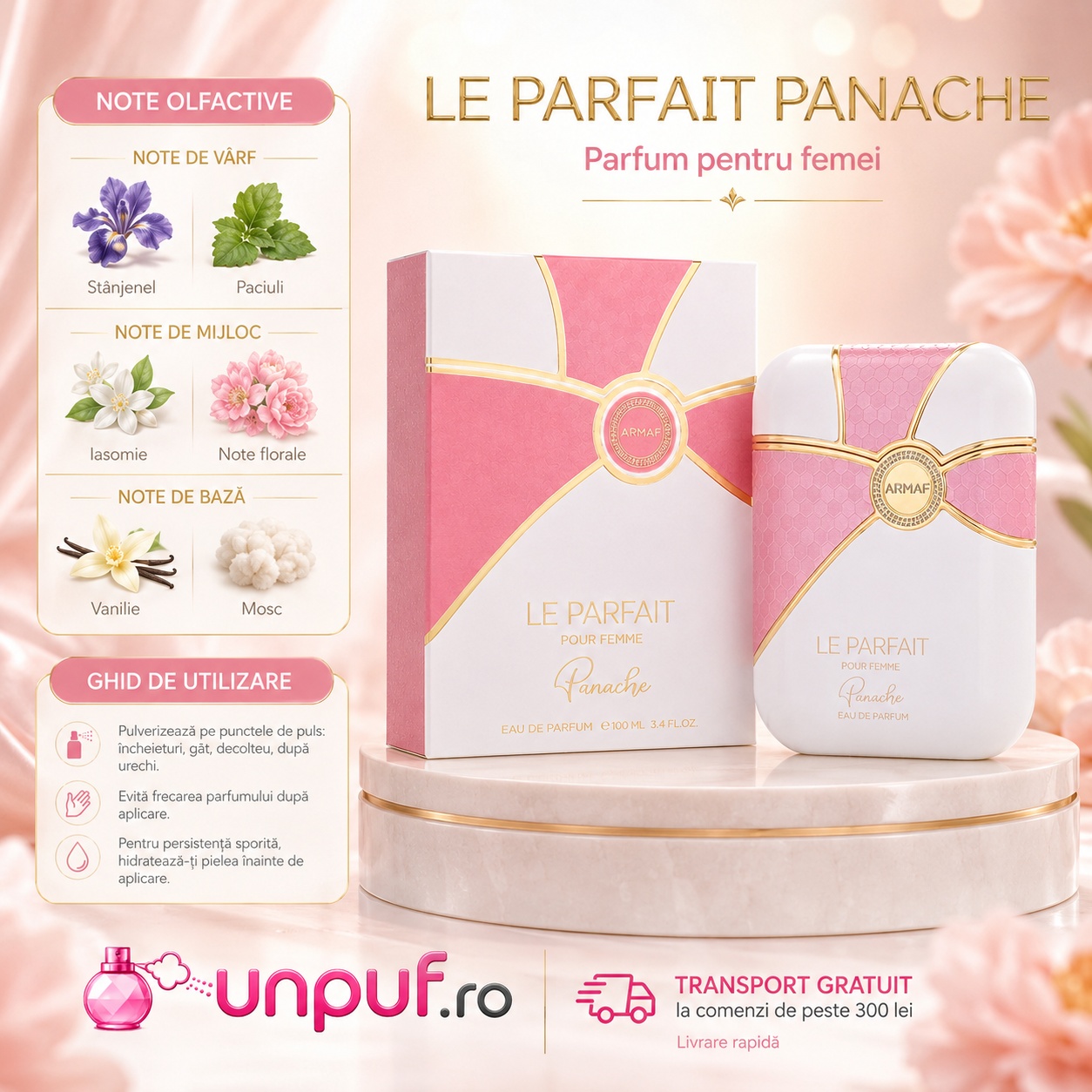 Armaf Le Parfait Pour Femme Panache parfum pentru femei cu st&acirc;njenel, paciuli, iasomie, note florale, vanilie și mosc