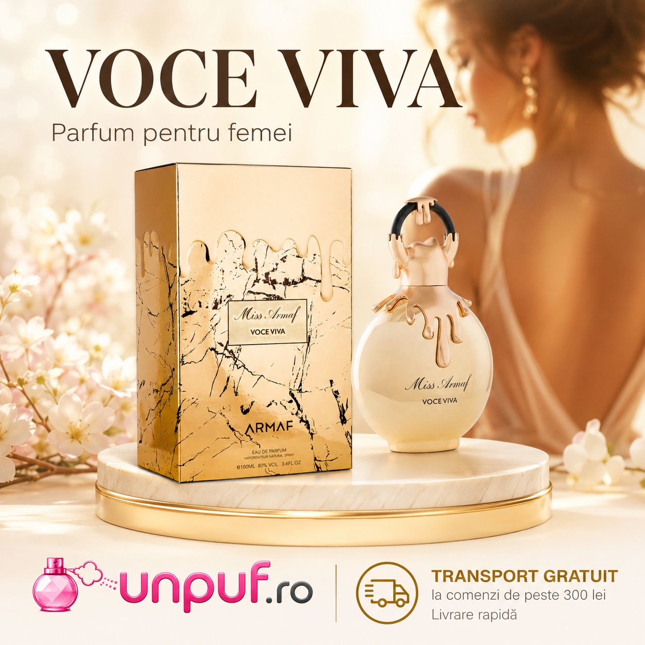Armaf Miss Voceviva parfum pentru femei cu flacon auriu, cutie premium și transport gratuit