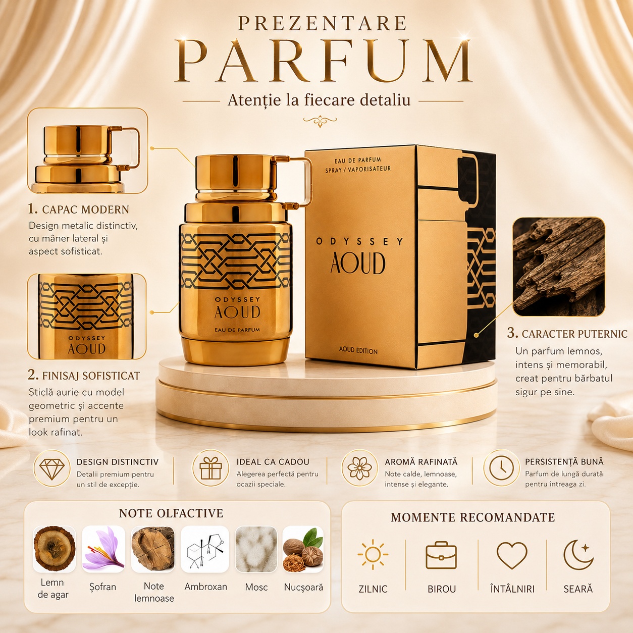 Prezentare Armaf Odyssey Aoud cu lemn de agar, șofran, note lemnoase, ambroxan, mosc și nucșoară