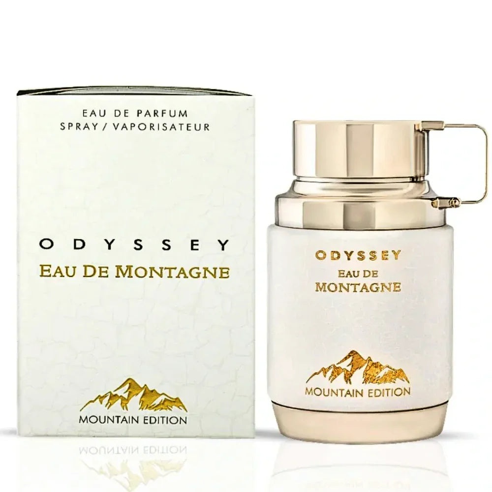 Flacon original Armaf Odyssey Eau De Montagne 100 ml cu cutie albă și design auriu Mountain Edition
