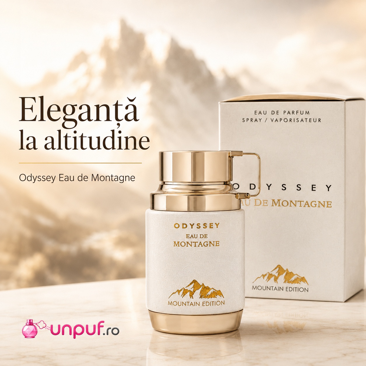 Armaf Odyssey Eau De Montagne eleganță la altitudine cu flacon alb auriu și fundal montan