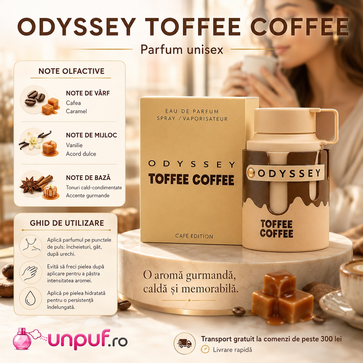 Odyssey Toffee Coffee parfum unisex cu note de cafea, caramel, vanilie, tonuri cald condimentate și accente gurmande