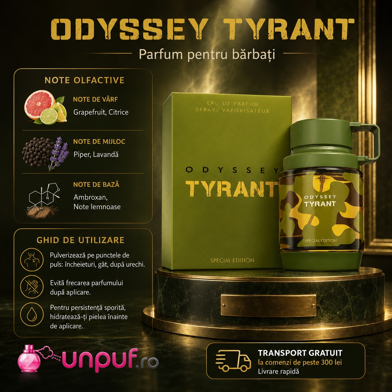 Odyssey Tyrant parfum pentru bărbați cu grapefruit, citrice, piper, lavandă, ambroxan și note lemnoase
