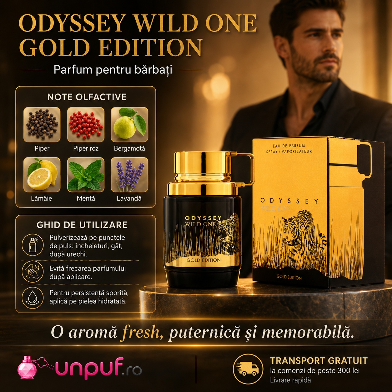 Odyssey Wild One Gold Edition parfum pentru bărbați cu piper, piper roz, bergamotă, lăm&acirc;ie, mentă și lavandă