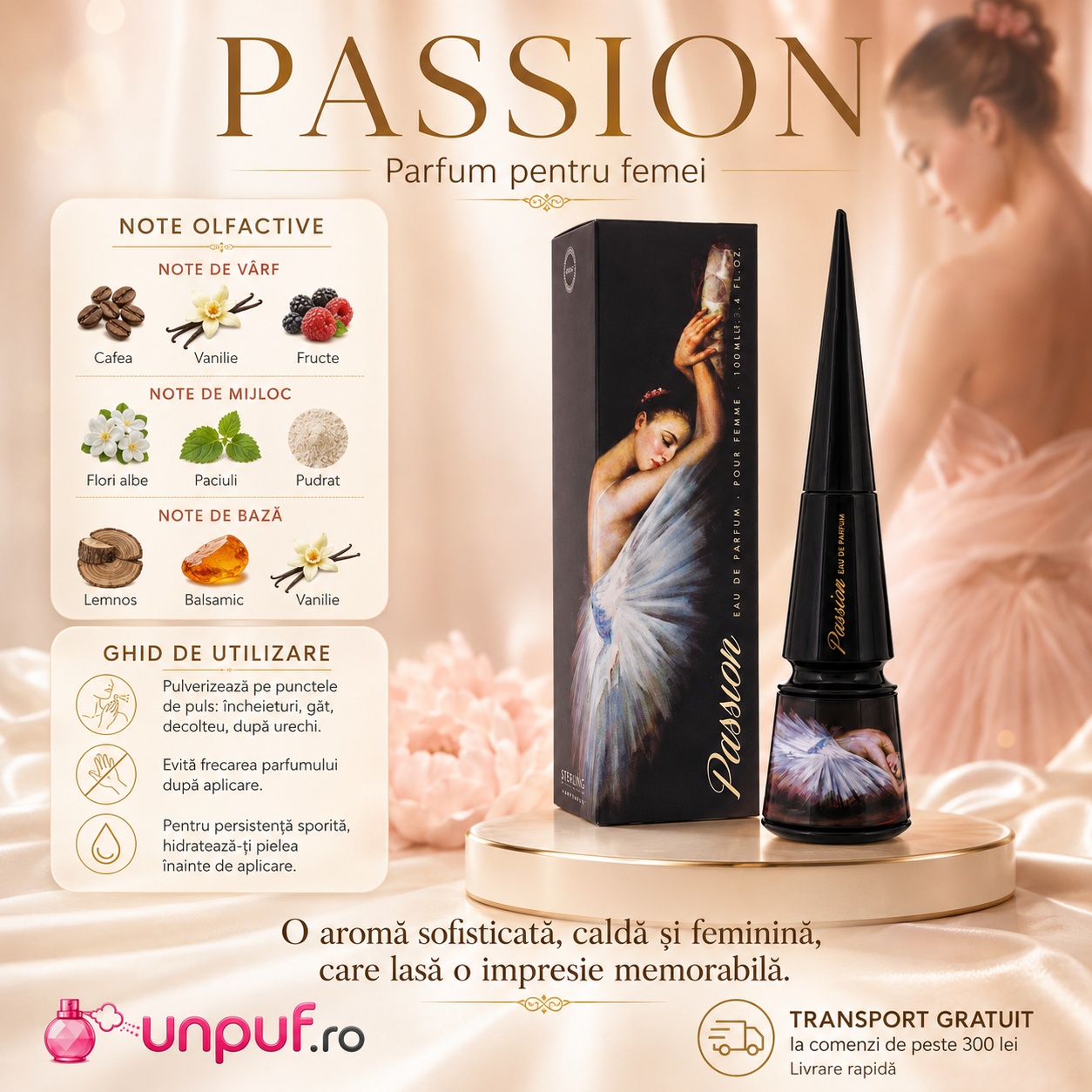 Armaf Passion parfum pentru femei cu note de cafea, vanilie, fructe, flori albe, paciuli, pudrat, lemnos și balsamic