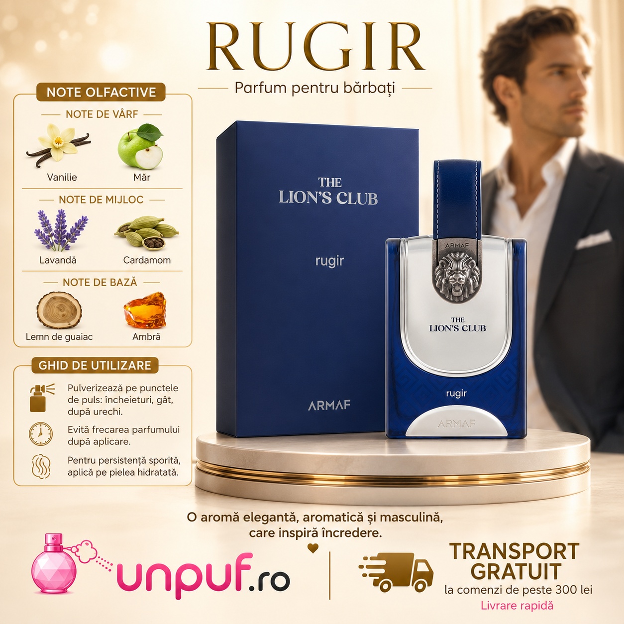 Rugir parfum pentru bărbați cu vanilie, măr, lavandă, cardamom, lemn de guaiac și ambră
