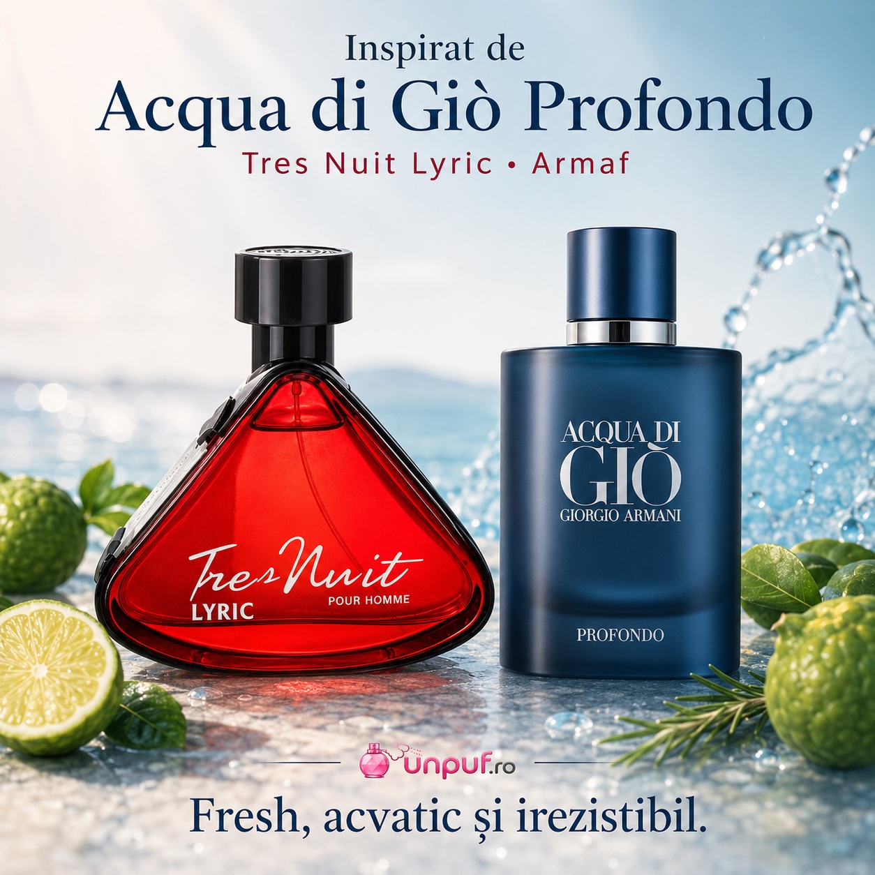 Armaf Tres Nuit Lyric inspirat de Acqua di Gio Profondo, parfum fresh acvatic și irezistibil