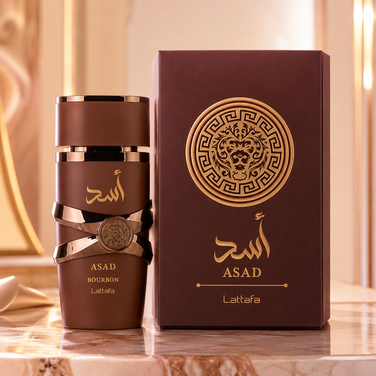 Parfum Arăbesc Asad Bourbon Lattafa 100 ml bărbat cu flacon maro bourbon, detalii bronz și cutie premium