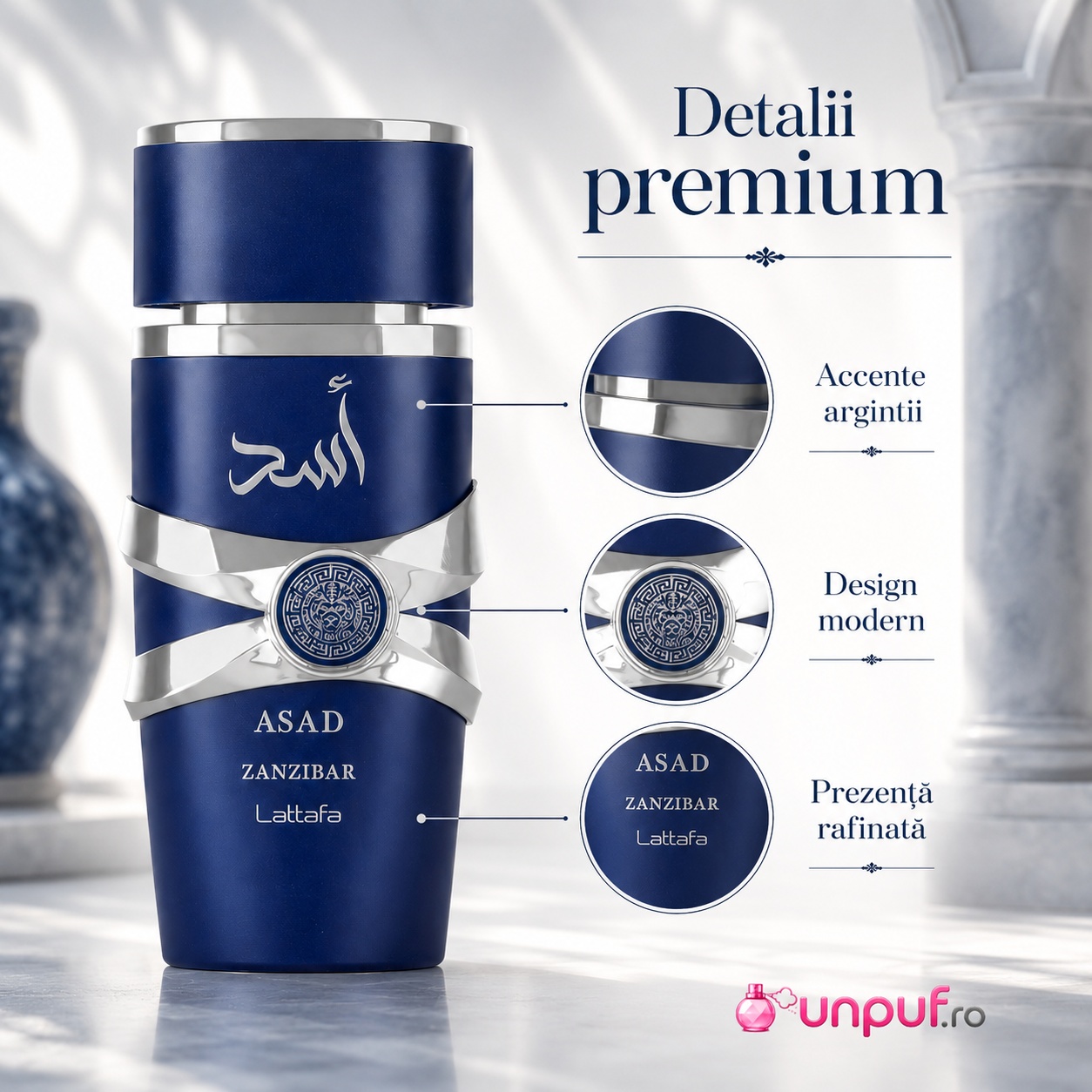 Detalii premium Asad Zanzibar Lattafa cu accente argintii, design modern și prezență rafinată