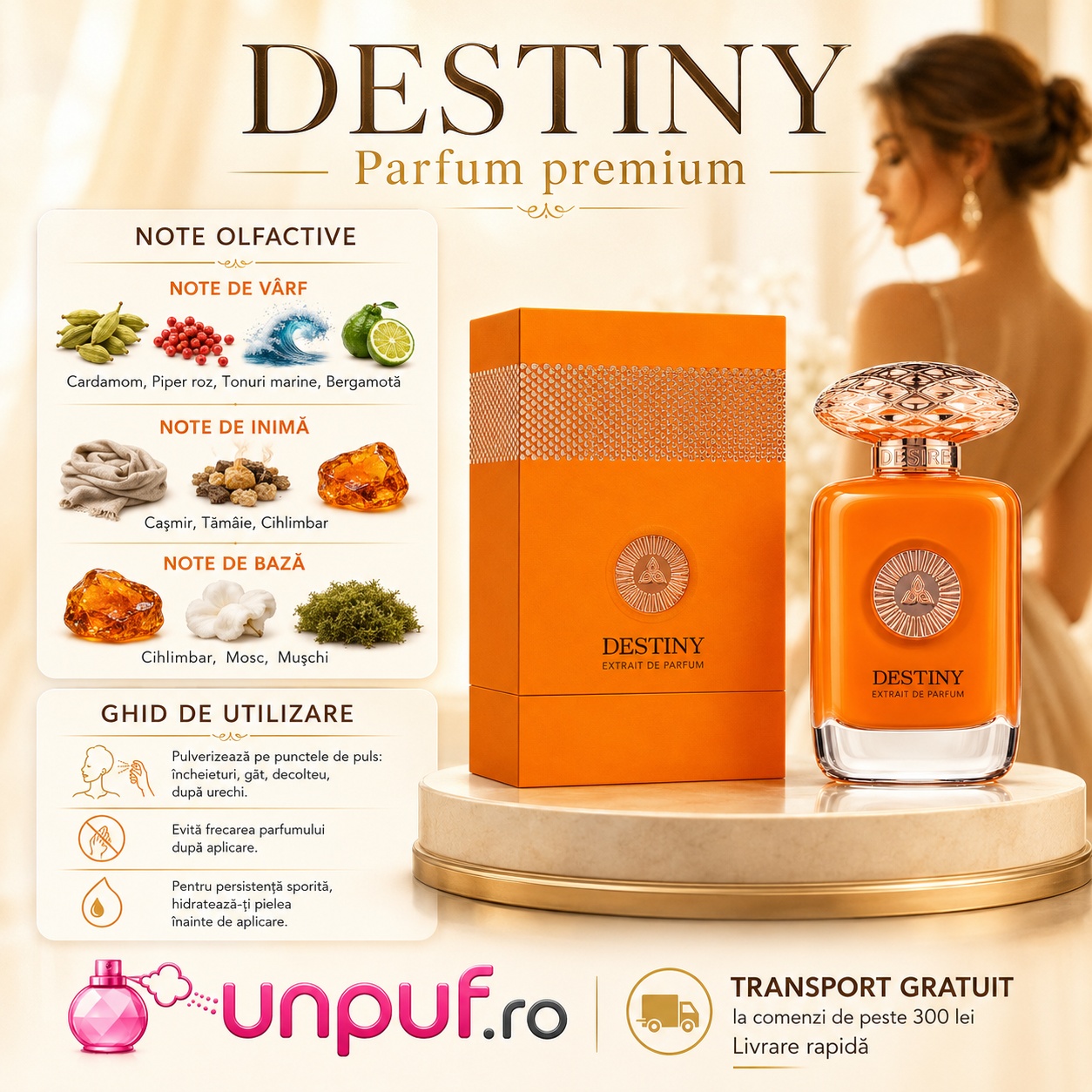 Profil olfactiv Auraa Desire Destiny cu note de cardamom, piper roz, bergamotă, tămâie, chihlimbar, mosc și mușchi
