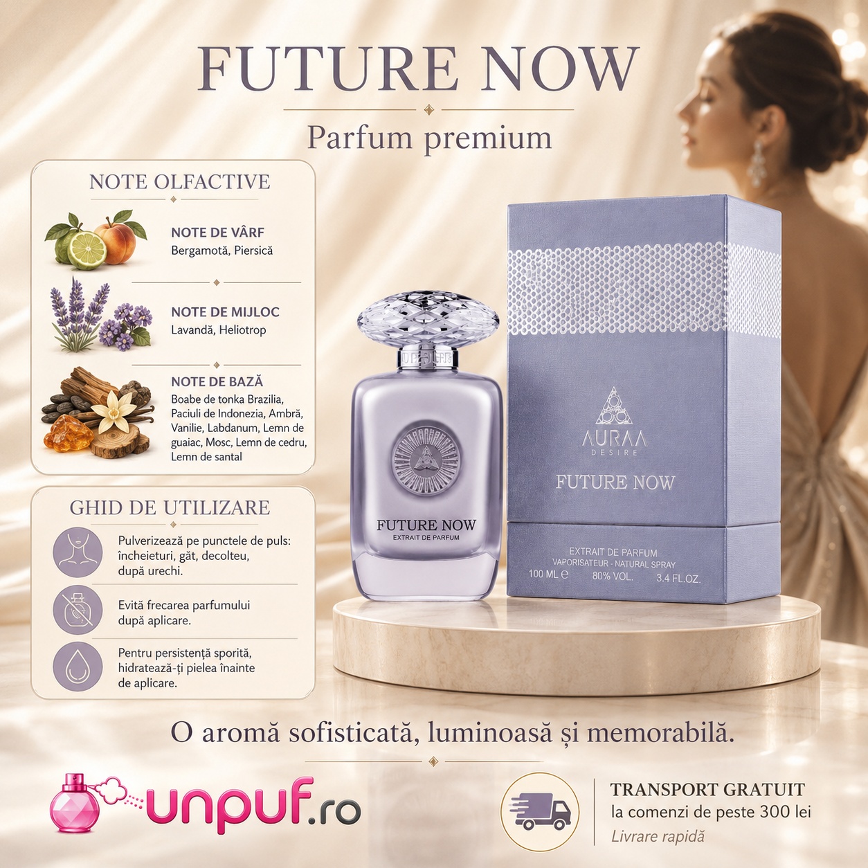 Profil olfactiv Auraa Desire Future Now cu bergamotă, piersică, lavandă, heliotrop, tonka, patchouli, ambră, vanilie, labdanum, lemn de guaiac, mosc, cedru și santal