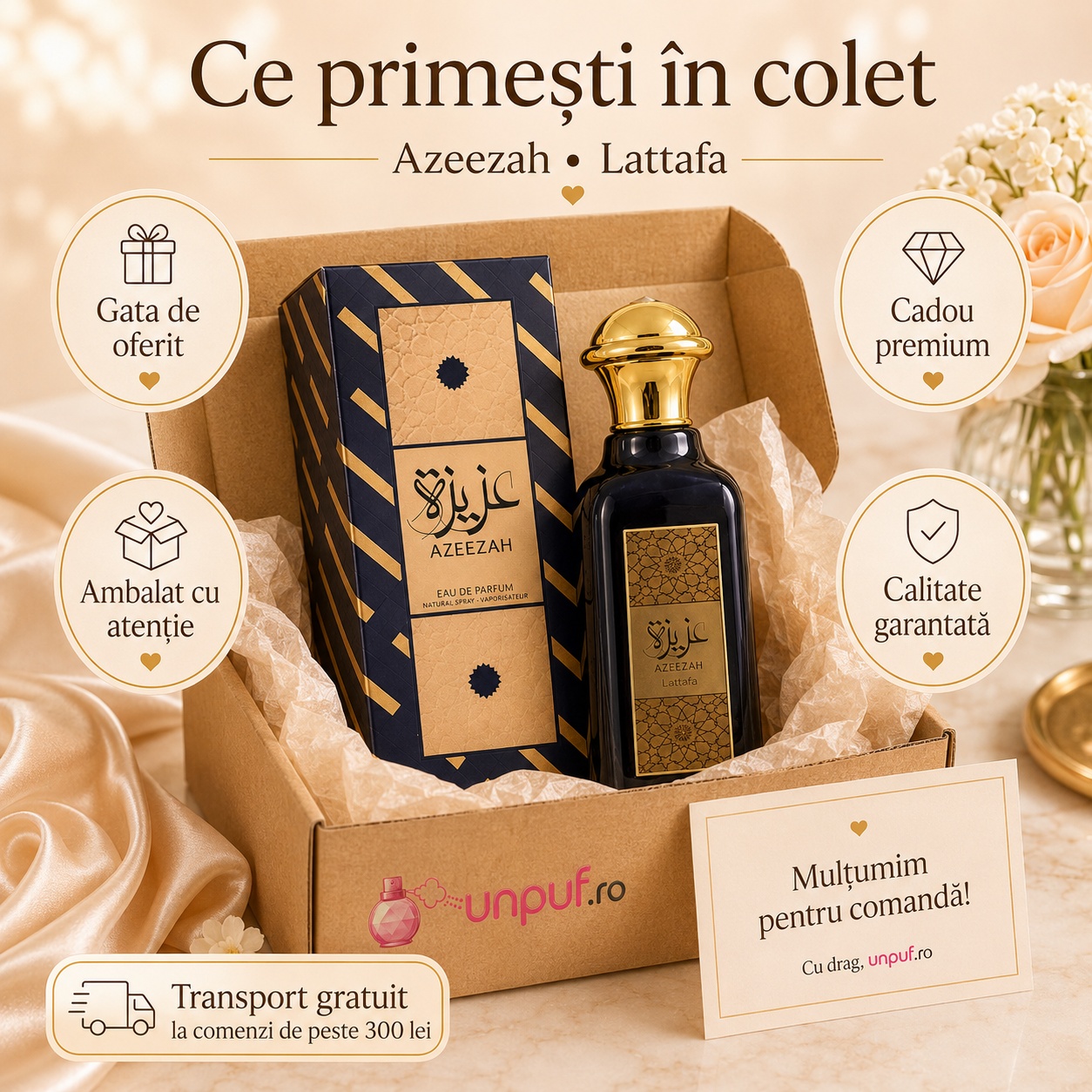 Colet parfum Azeezah Lattafa ambalat cu atenție, gata de oferit cadou premium, cu brand unpuf.ro