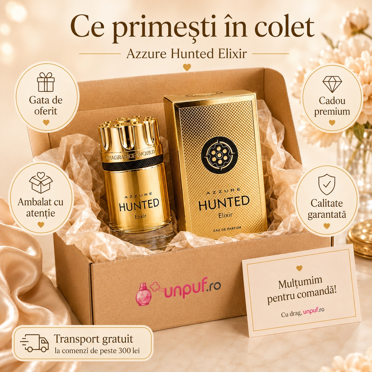 Ce primești &icirc;n colet Azzure Hunted Elixir 100 ml parfum original cutie premium și ambalare atentă