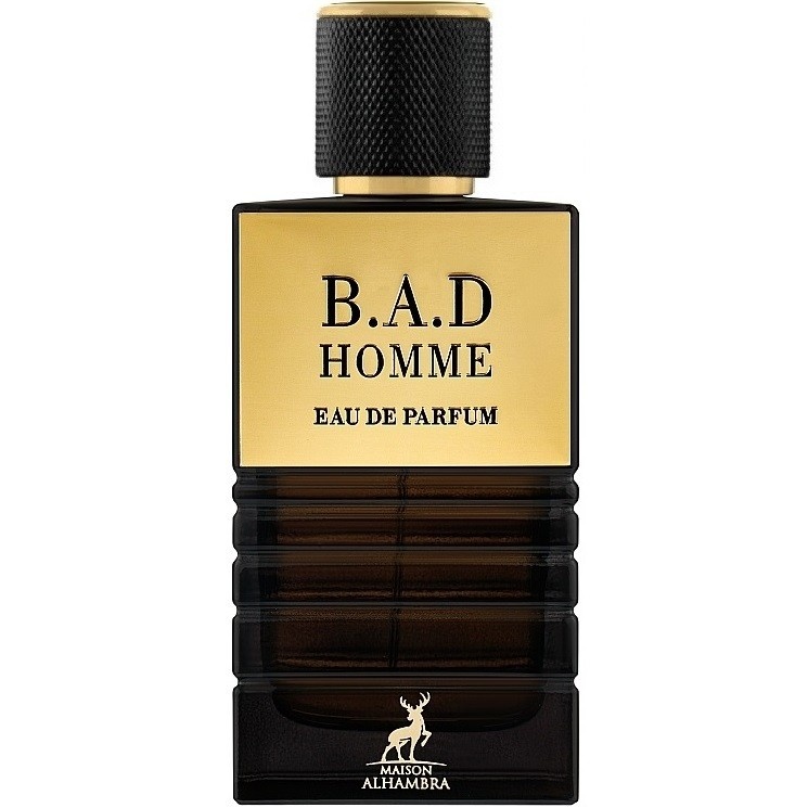 Sticlă reală B.A.D. Homme Maison Alhambra 100 ml cu etichetă aurie și capac texturat