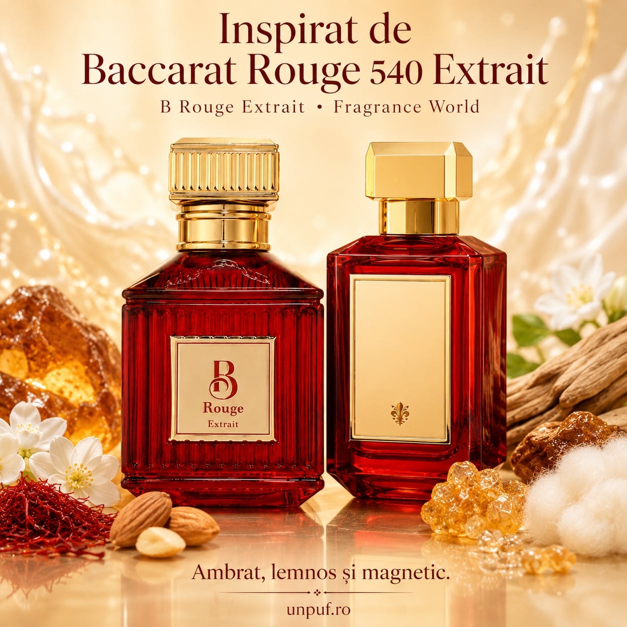 B Rouge Extrait Fragrance World inspirat din Baccarat Rouge 540 Extrait, parfum ambrat, lemnos și magnetic
