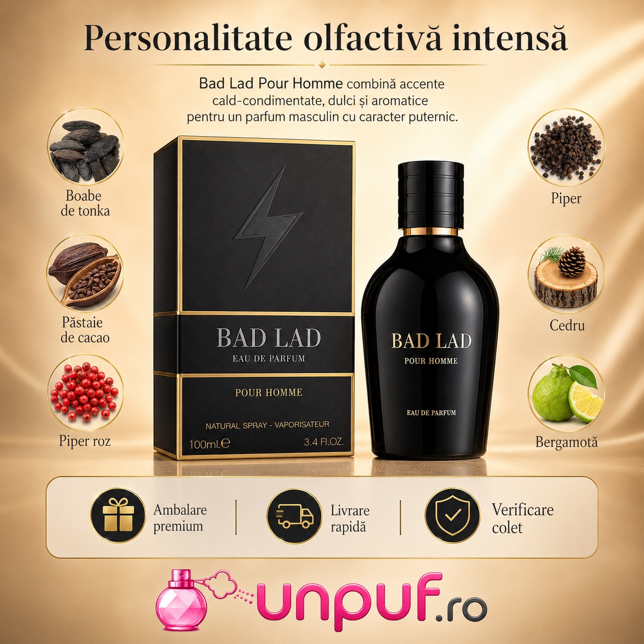 Bad Lad Fragrance World personalitate olfactivă intensă cu boabe de tonka, păstaie de cacao, piper roz, piper, cedru și bergamotă