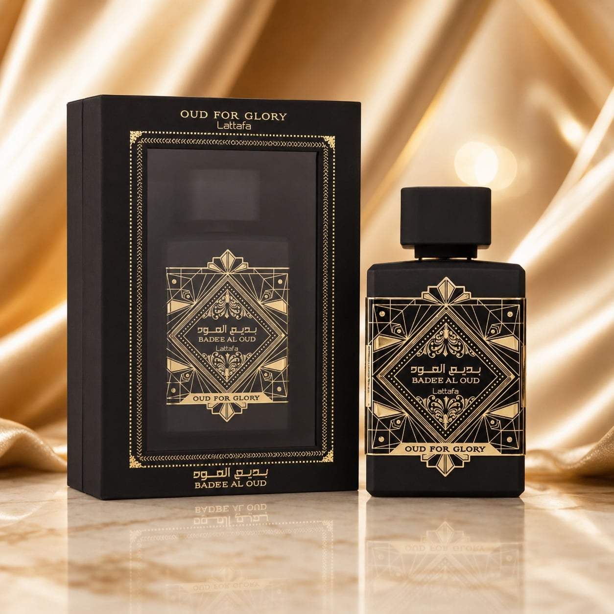 Parfum Arăbesc Bade&rsquo;e Al Oud For Glory Lattafa 100 ml unisex cu flacon negru, detalii aurii și cutie premium elegantă