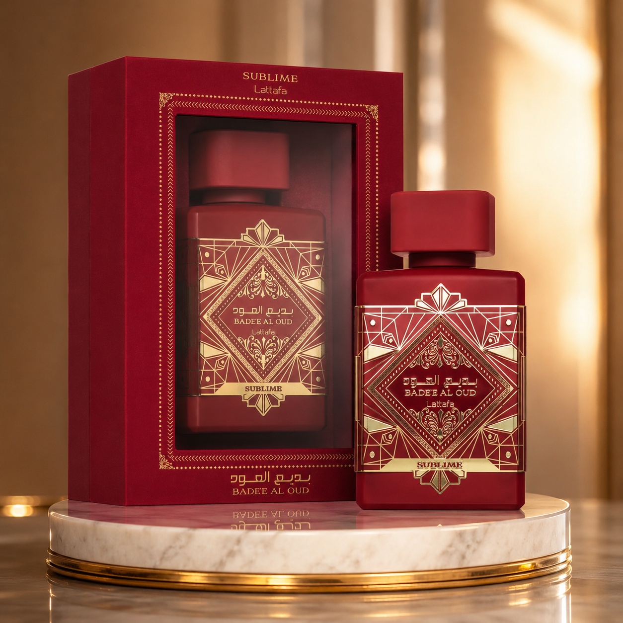 Parfum Bade&rsquo;E Al Oud Sublime Lattafa 100 ml Apă de Parfum Unisex cu ambalaj roșu premium