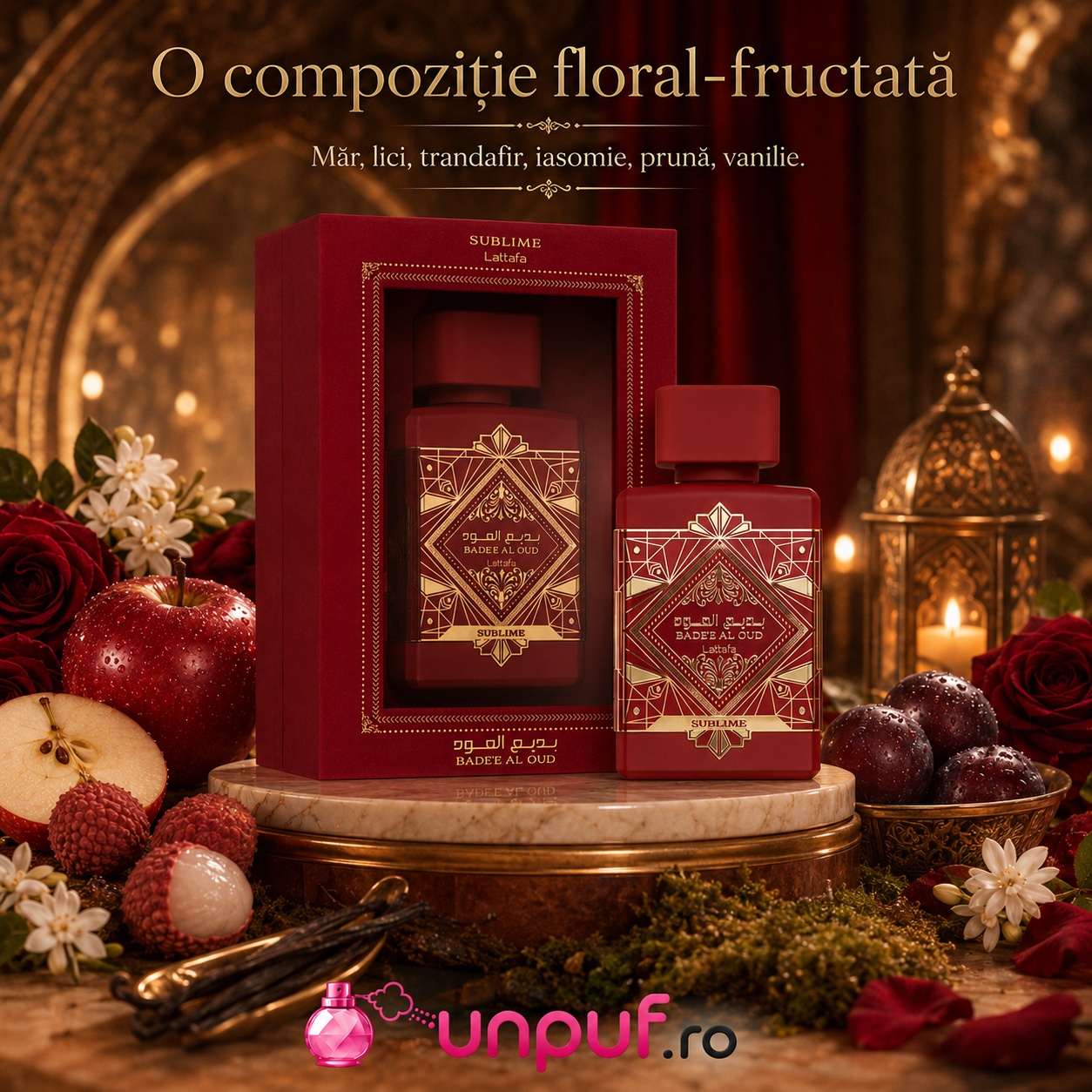 Compoziție floral fructată Bade&rsquo;E Al Oud Sublime Lattafa măr lici trandafir iasomie prună vanilie