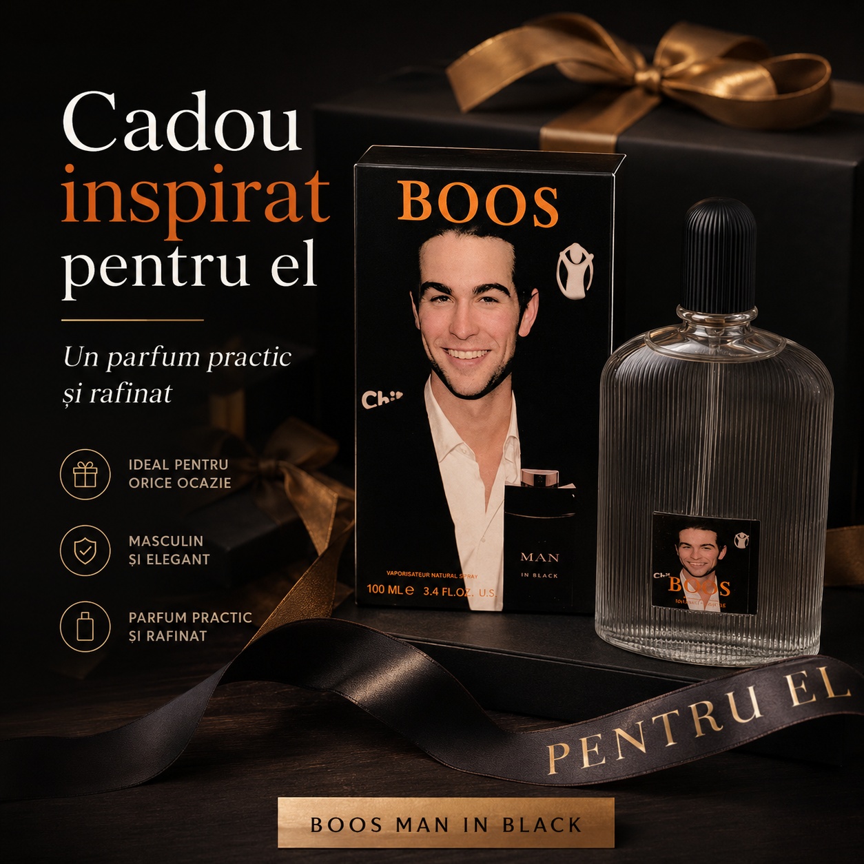 Boos Man in Black cadou inspirat pentru el parfum practic și rafinat