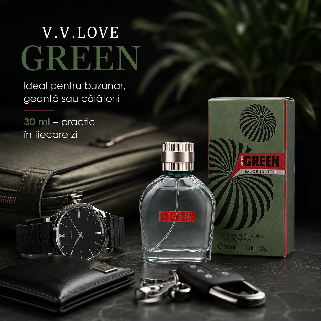 V.V. Love Green parfum bărbat 30 ml ideal pentru buzunar geantă sau călătorii