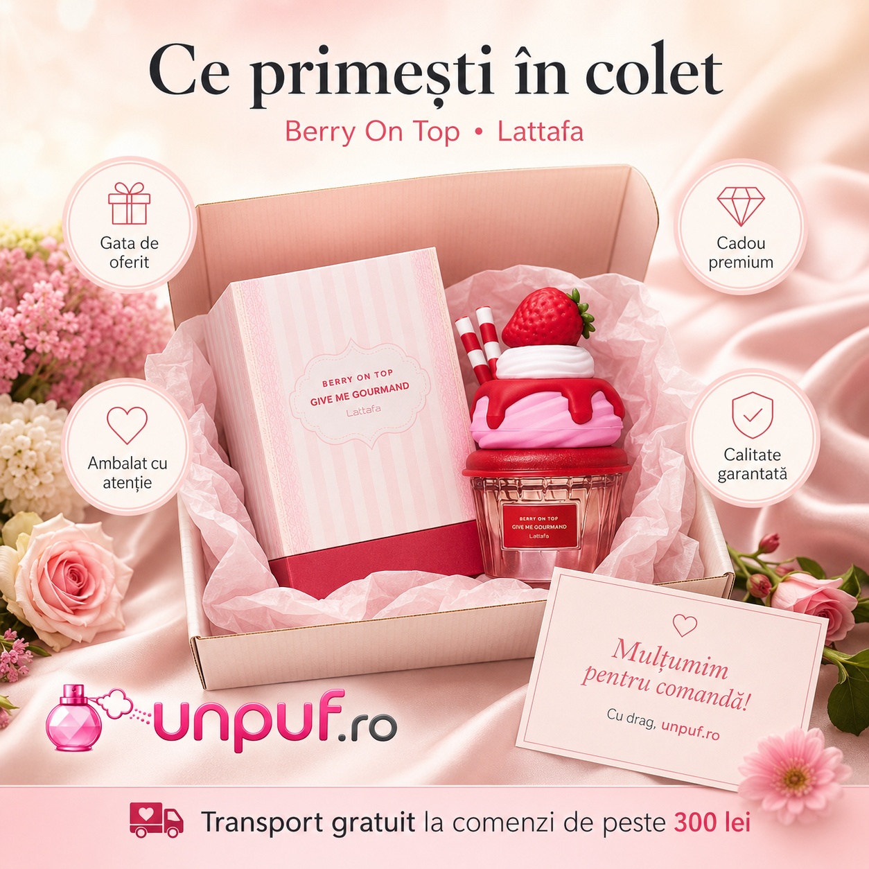 Ce primești &icirc;n colet Berry On Top Lattafa 75 ml parfum damă ambalat cu atenție, cadou premium, calitate garantată