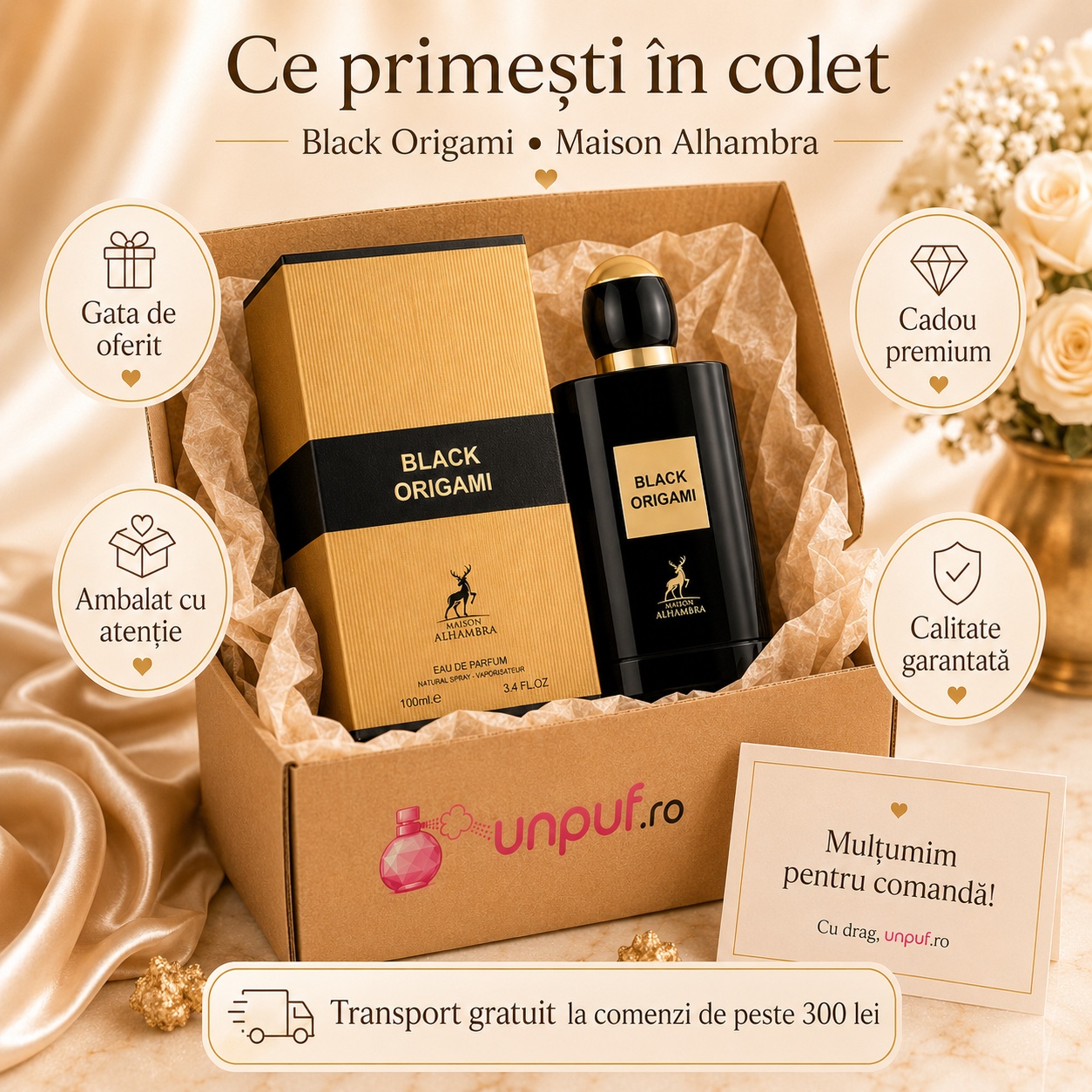 Colet parfum Black Origami Maison Alhambra ambalat cu atenție, gata de oferit cadou premium