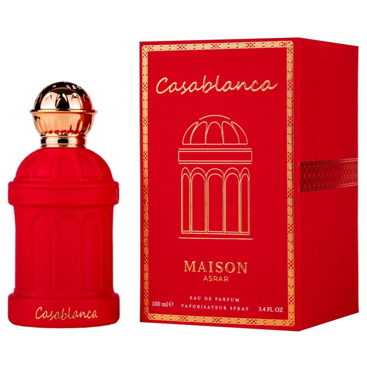 Parfum Casablanca Maison Asrar 100 ml pe fundal alb cu flacon roșu și cutie originală