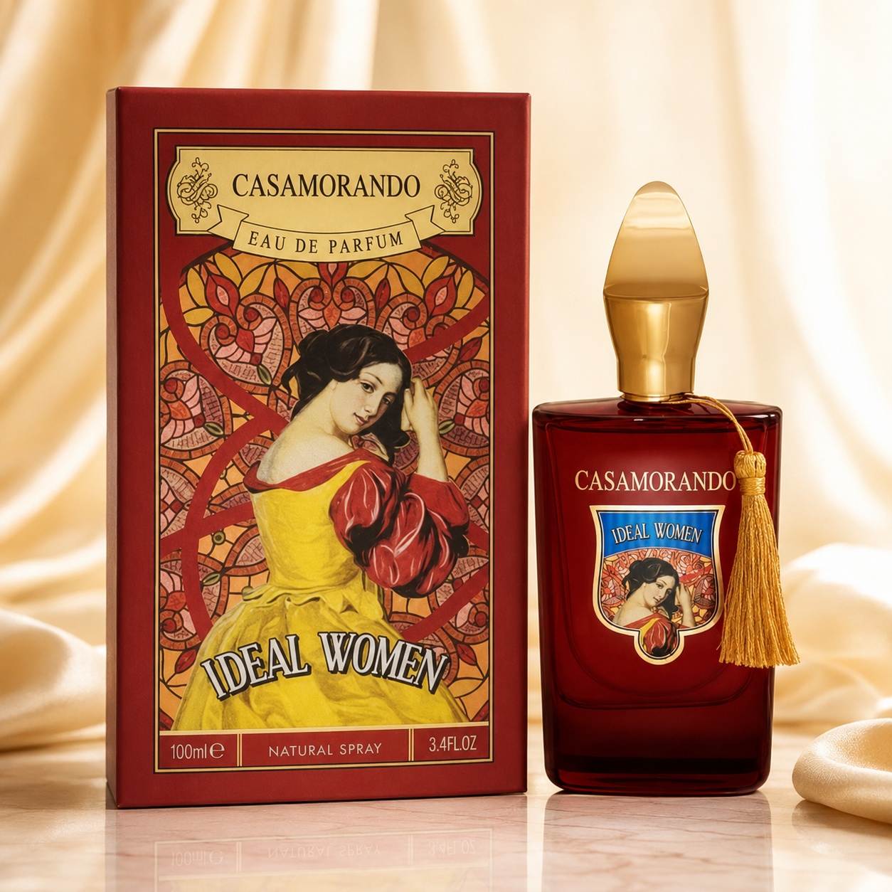 Parfum Arăbesc Casamorando Ideal Women Fragrance World 100 ml cu flacon roșu burgundy și cutie premium cu detalii aurii