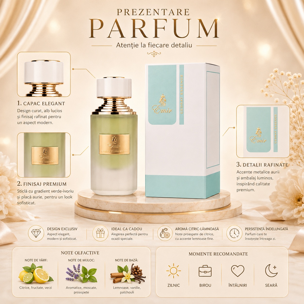 Cedrat Essense Emir prezentare parfum cu note olfactive citrice, fructate, verzi, aromatice, lemnoase, vanilie și paciuli