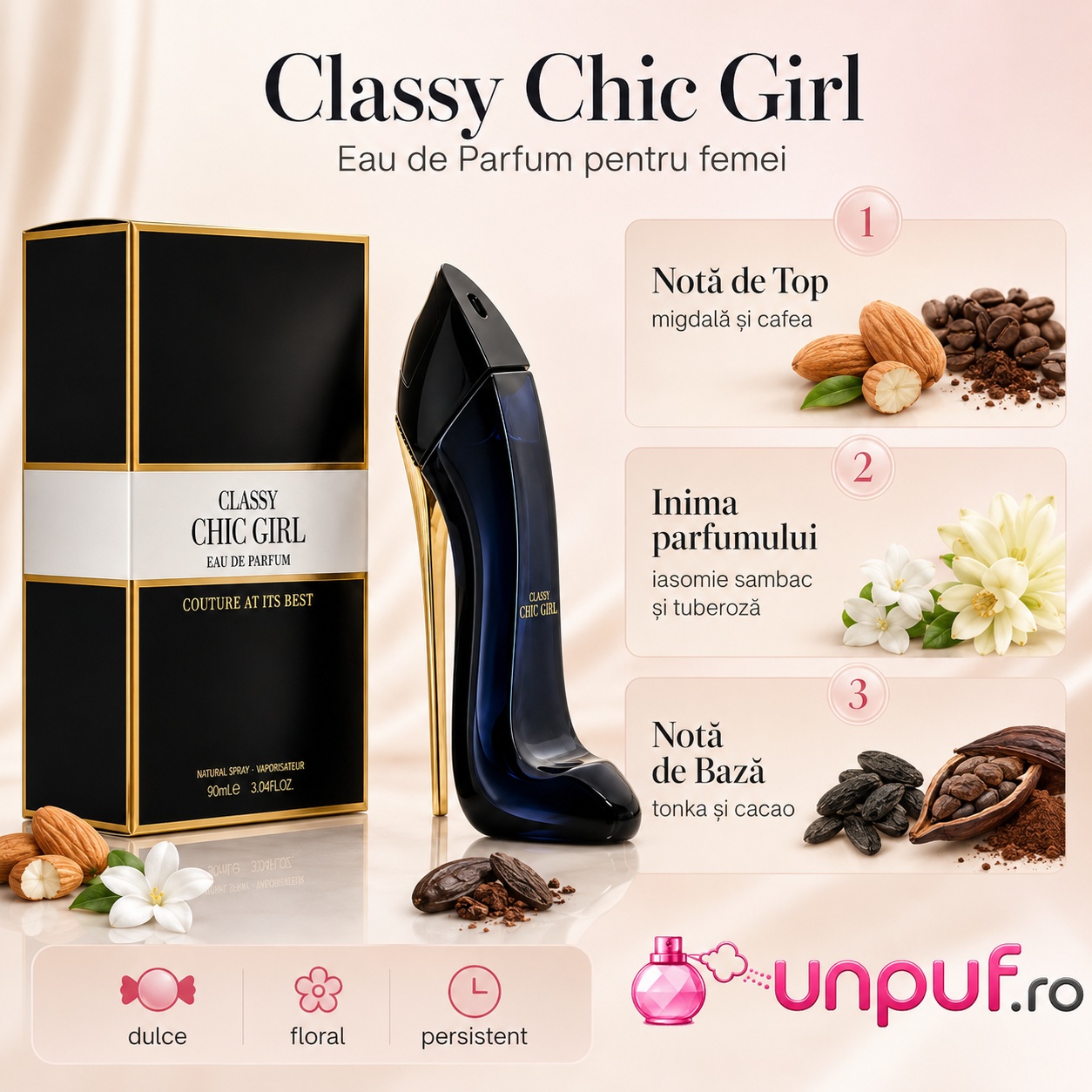 Classy Chic Girl Fragrance World note olfactive cu migdală cafea iasomie sambac tuberoză tonka și cacao