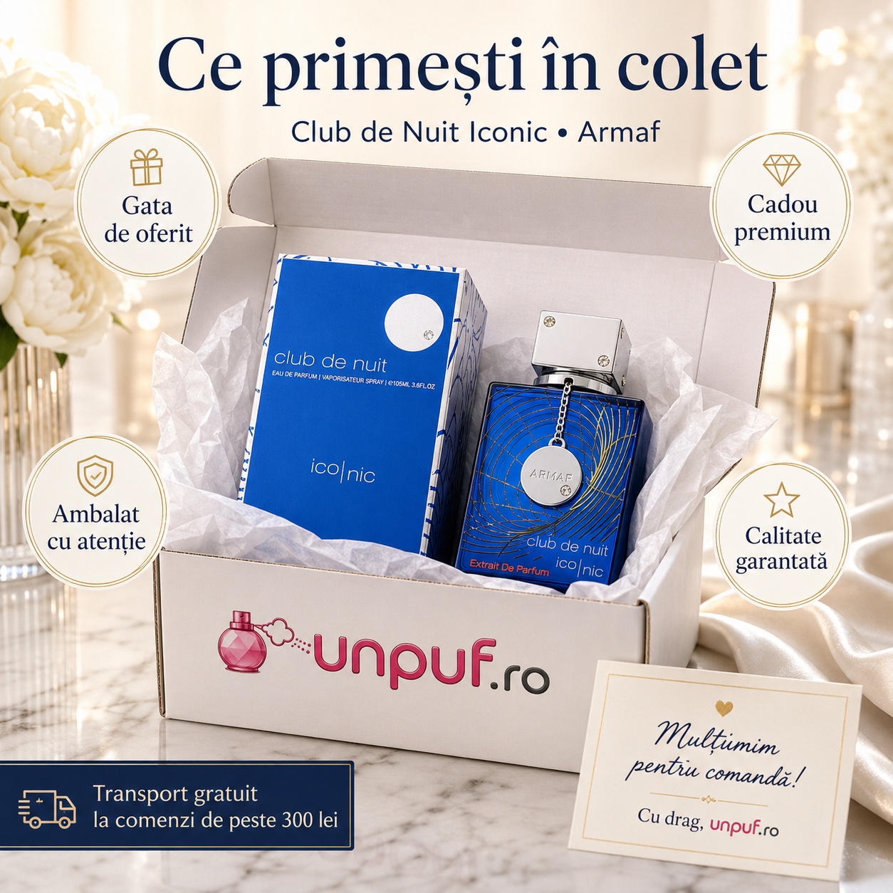 Ce primești &icirc;n colet Armaf Club De Nuit Blue Iconic 105 ml parfum original, cutie premium și ambalare atentă