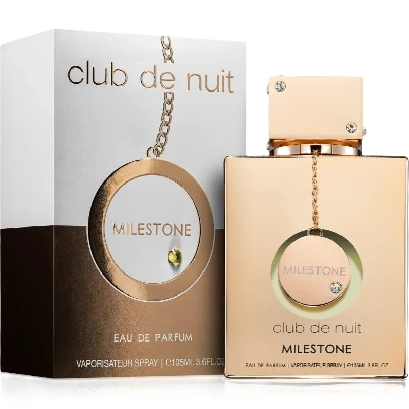 Cutie originală Club De Nuit Milestone Armaf 105 ml și flacon champagne auriu cu medalion decorativ