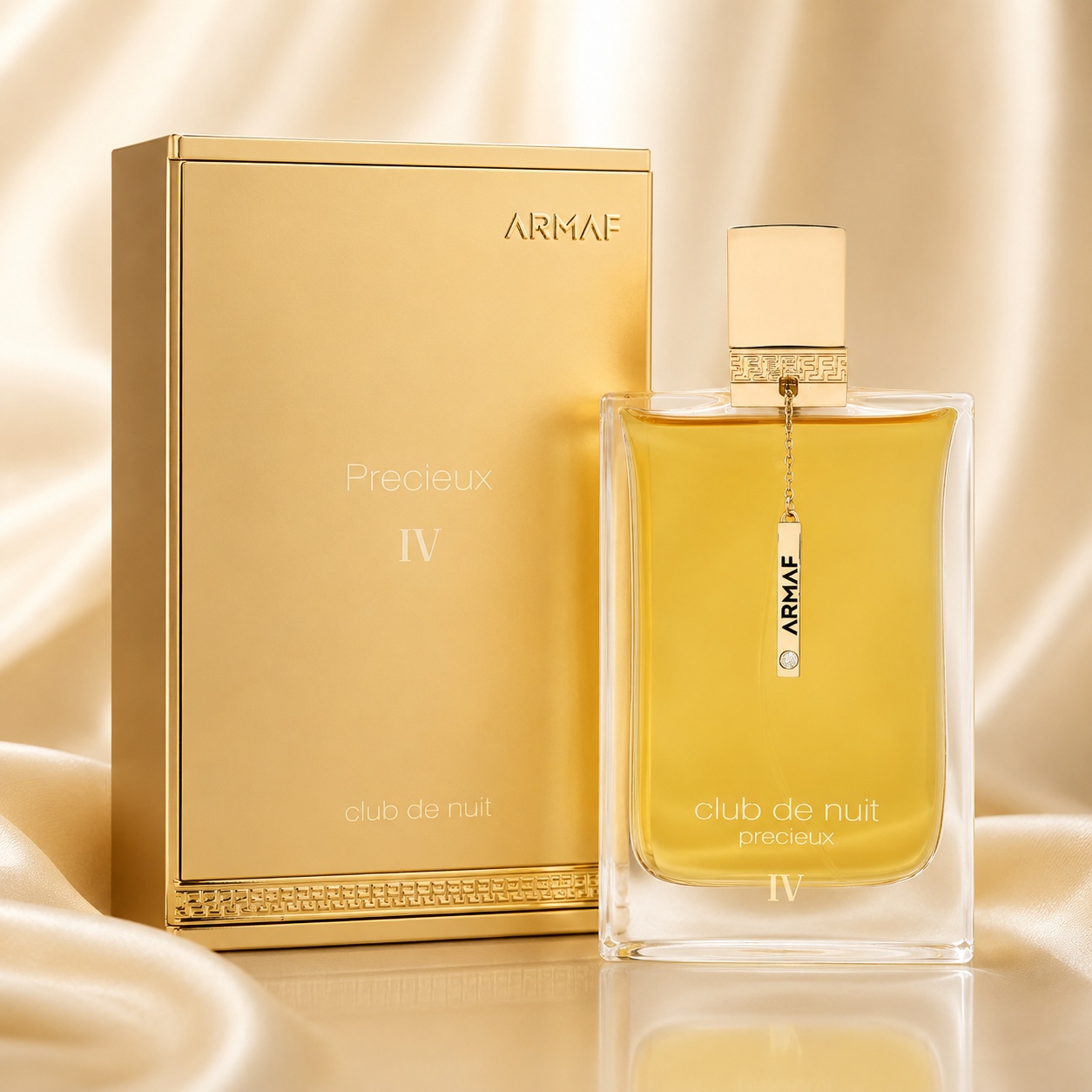 Parfum Arăbesc Armaf Club De Nuit Precieux IV 55 ml cu flacon transparent, esență aurie și cutie aurie premium