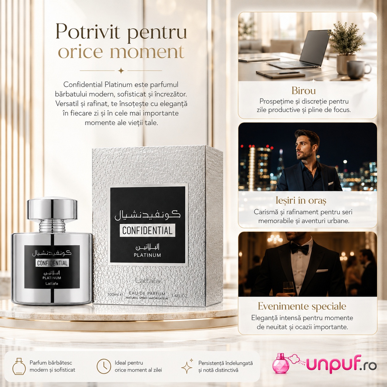 Confidential Platinum Lattafa parfum potrivit pentru birou, ieșiri &icirc;n oraș și evenimente speciale
