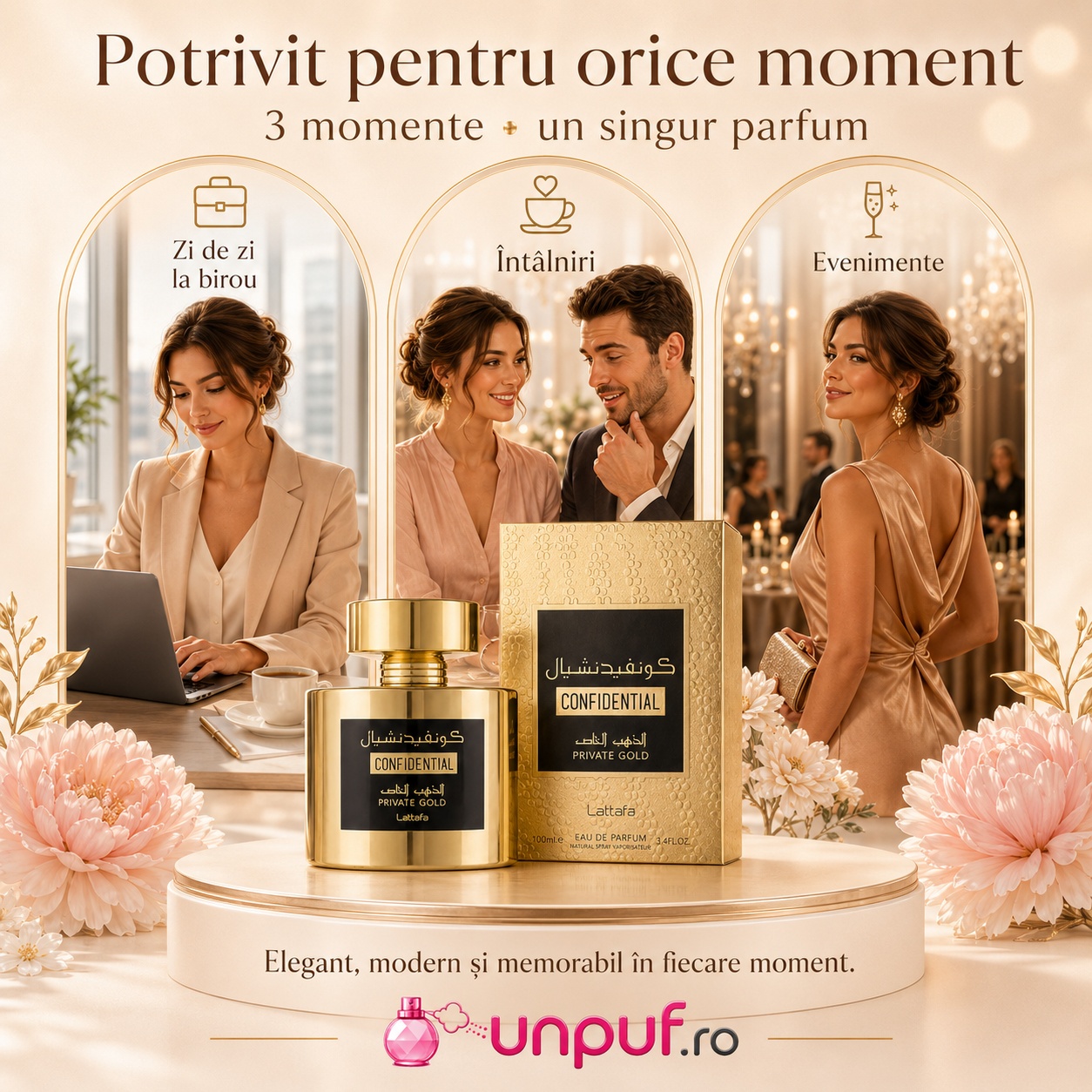 Parfum Confidential Private Gold Lattafa potrivit pentru zi de zi, &icirc;nt&acirc;lniri și evenimente