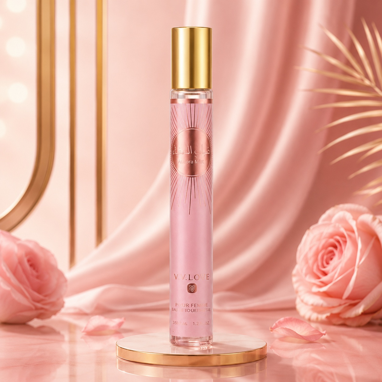 Aurora Mist V.V. Love parfum de damă 35 ml sticla singură pe fundal roz pudrat premium