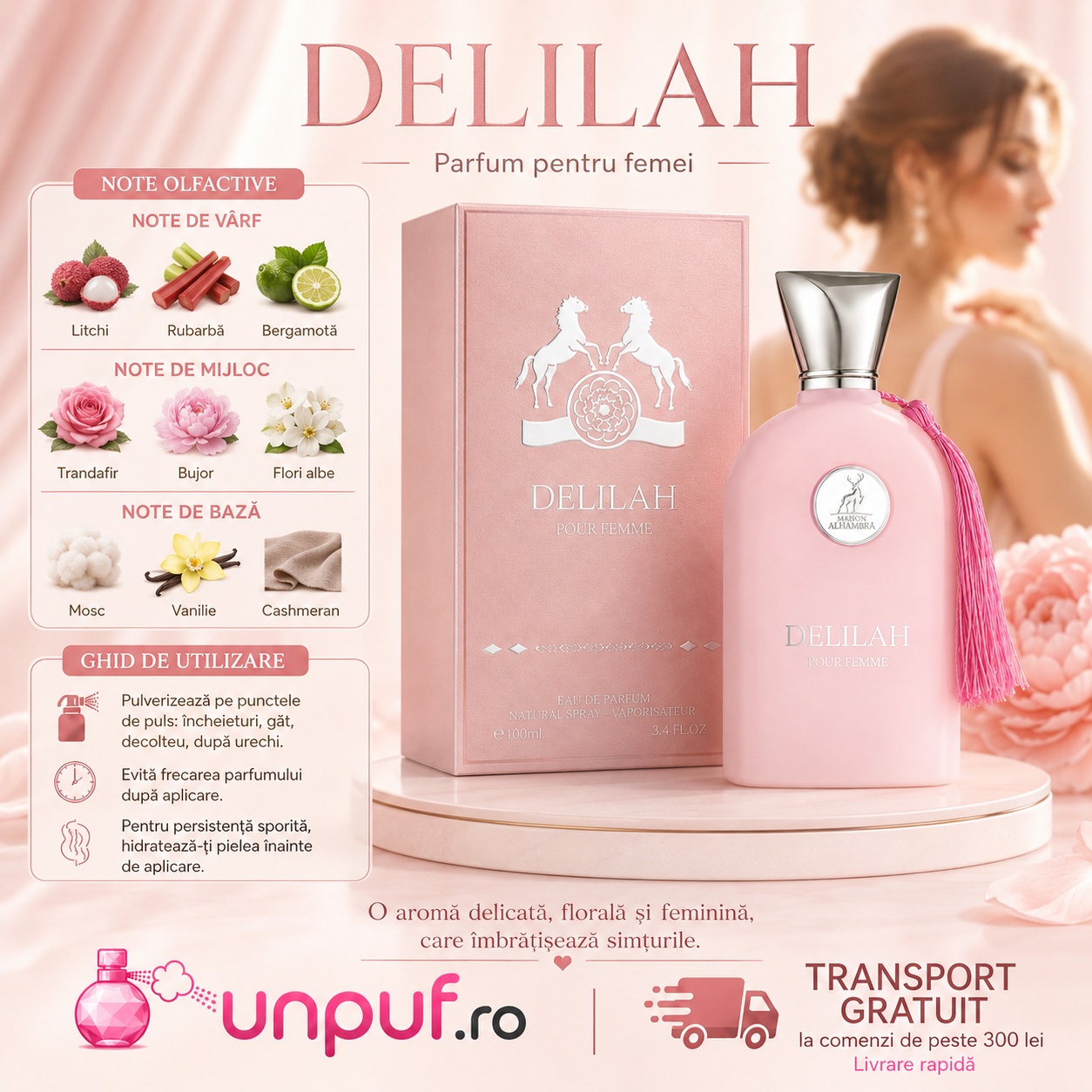Note olfactive Delilah Maison Alhambra cu lici, rubarbă, bergamotă, trandafir, bujor, mosc, vanilie și cașmiran