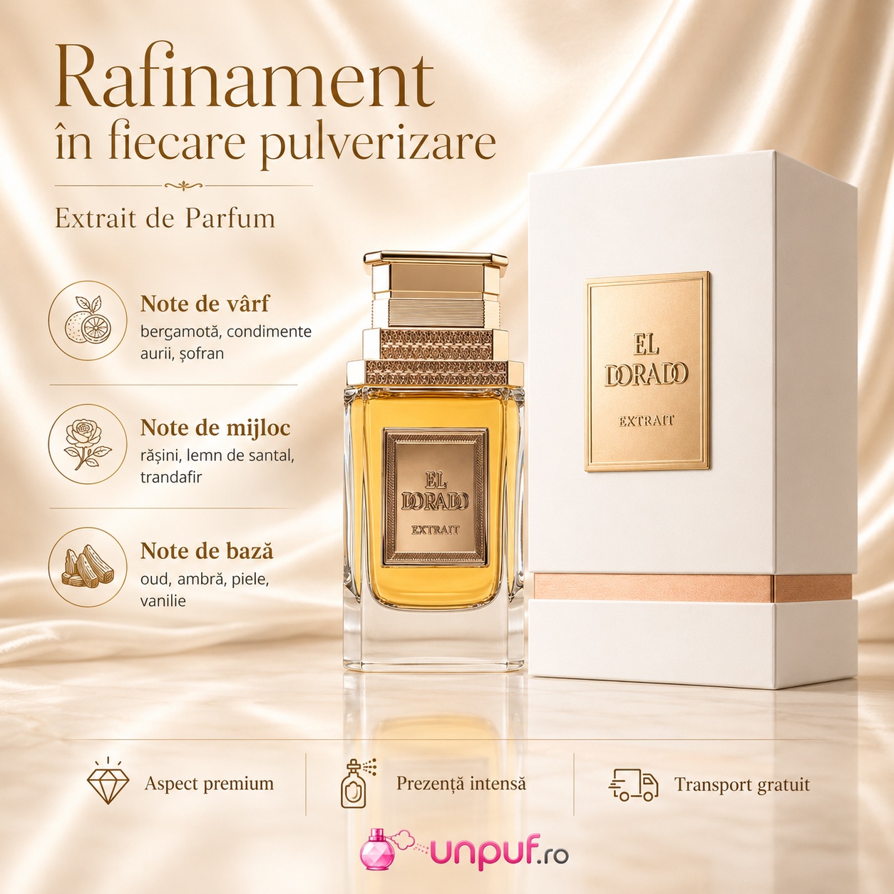 Note olfactive El Dorado Extract de Parfum cu bergamotă, condimente aurii, șofran, rășini, lemn de santal, trandafir, oud, ambră, piele și vanilie