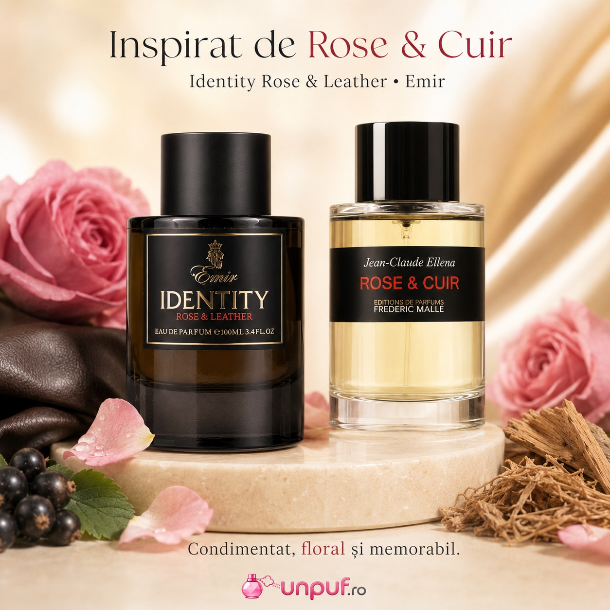 Identity Rose & Leather Emir inspirat de Rose & Cuir, parfum condimentat, floral și memorabil cu trandafir, piele, coacăze negre și vetiver