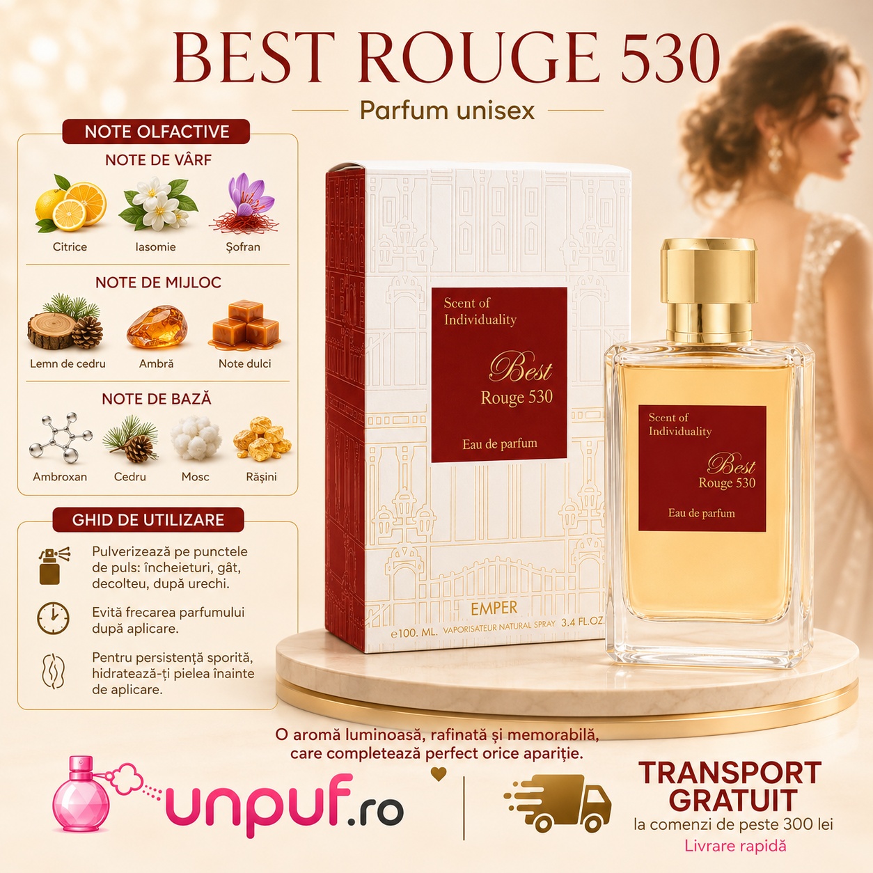Note olfactive și ghid de utilizare Emper Best Rouge 530 cu citrice, iasomie, șofran, lemn de cedru, ambră, note dulci, ambroxan, mosc și rășini
