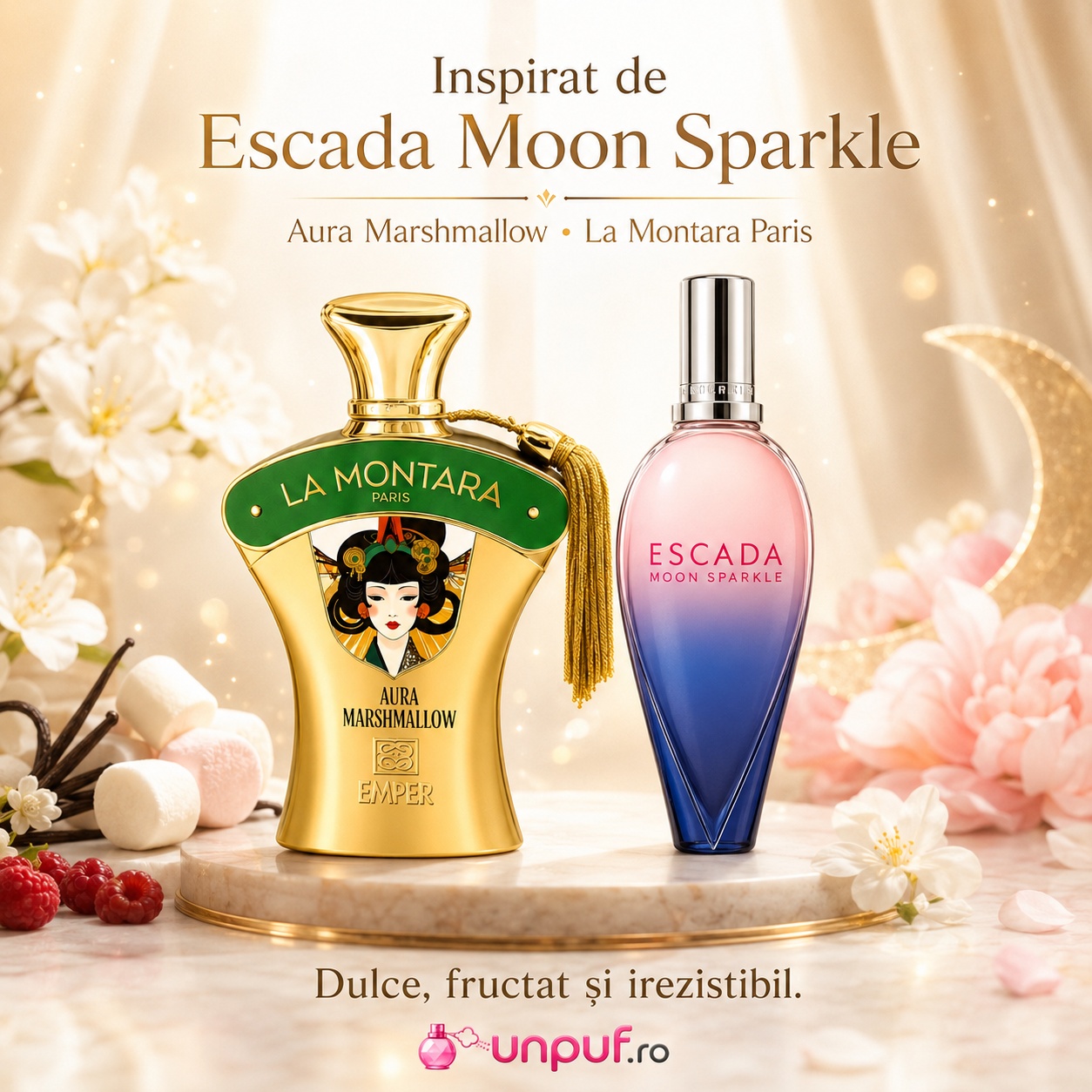 Parfum Aura Marshmallow Emper inspirat de Escada Moon Sparkle, dulce, fructat și irezistibil
