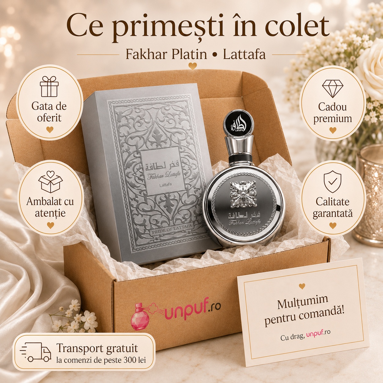 Ce primești &icirc;n colet Fakhar Platin Lattafa Pride 100 ml parfum bărbat ambalat cu atenție cadou premium