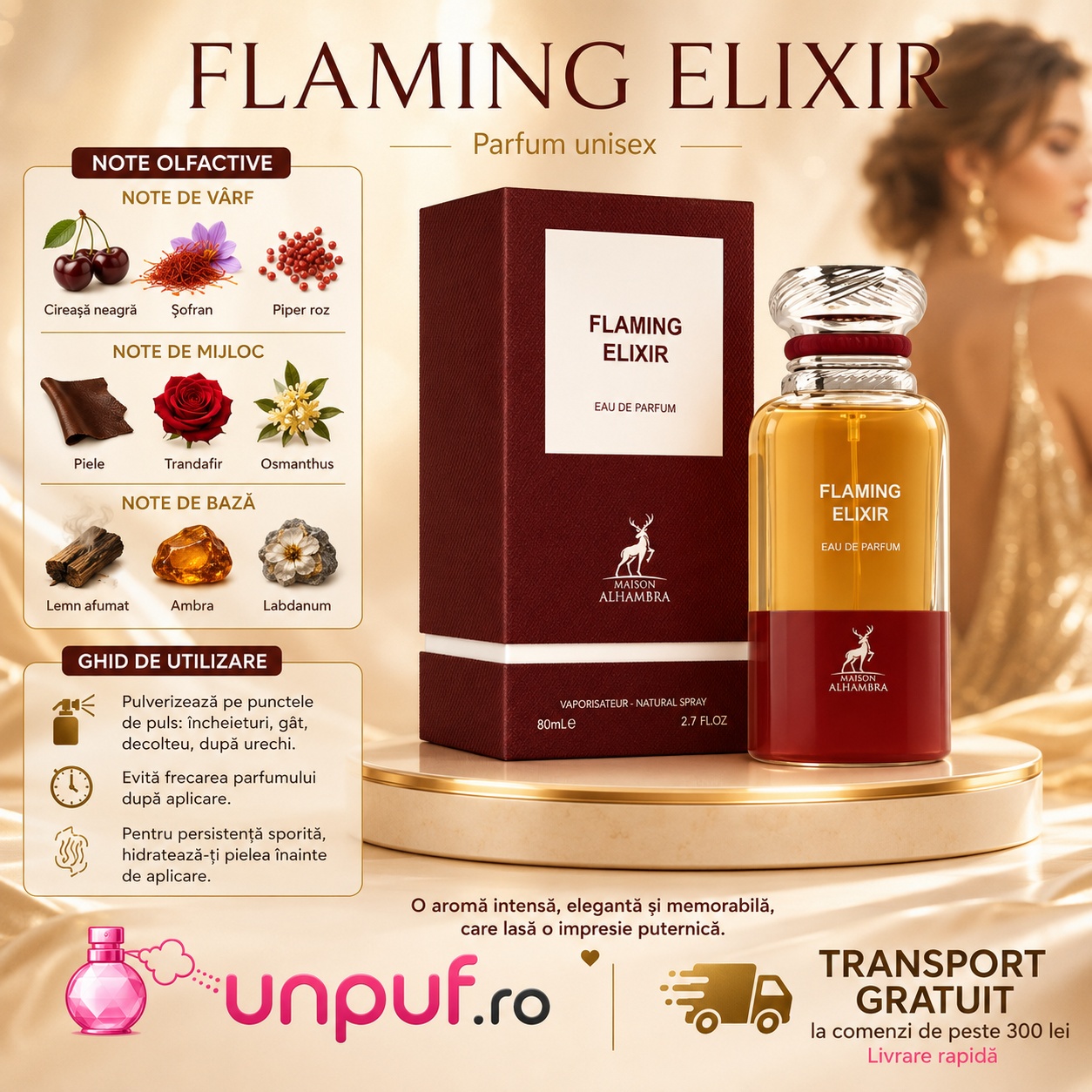 Note olfactive Flaming Elixir Maison Alhambra cu cireasă neagră, șofran, piper roz, piele, trandafir, osmanthus, lemn afumat, ambră și labdanum