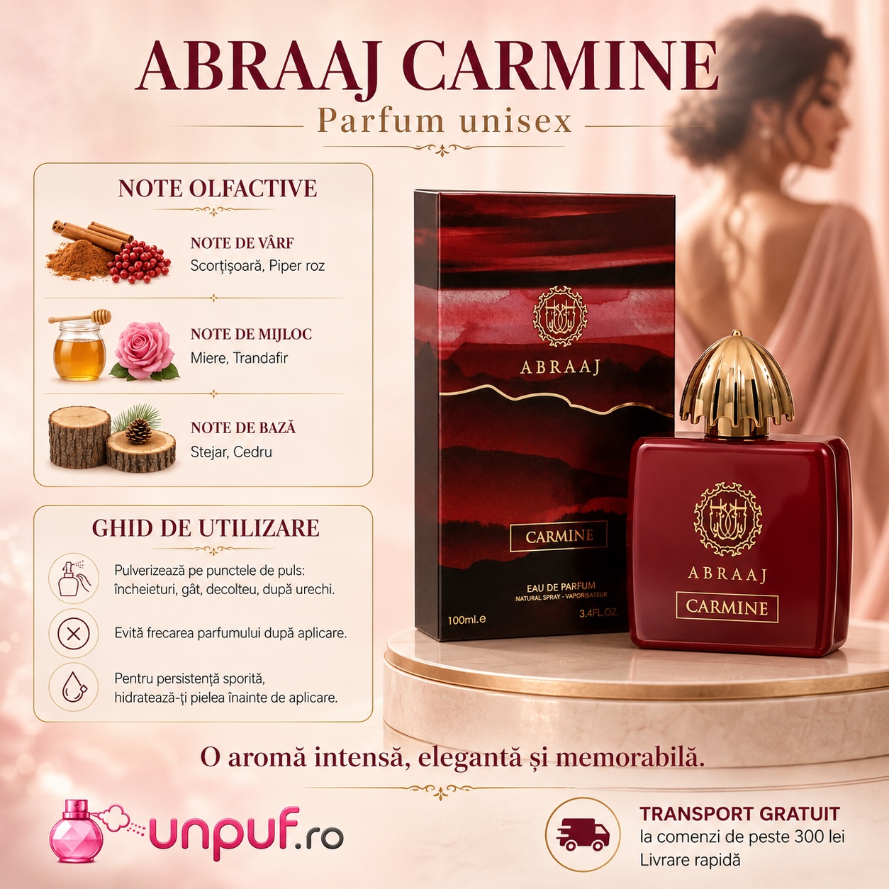 Abraaj Carmine Fragrance World parfum unisex cu note de scorțișoară, piper roz, miere, trandafir, stejar și cedru, ghid de utilizare