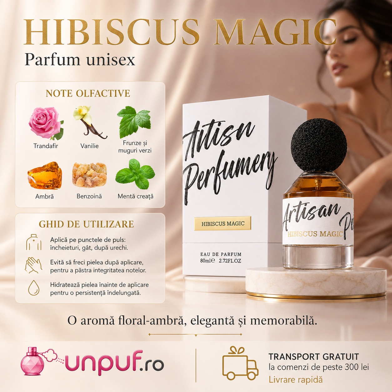 Hibiscus Magic Fragrance World parfum unisex cu trandafir, vanilie, frunze verzi, ambră, benzoină și mentă creață